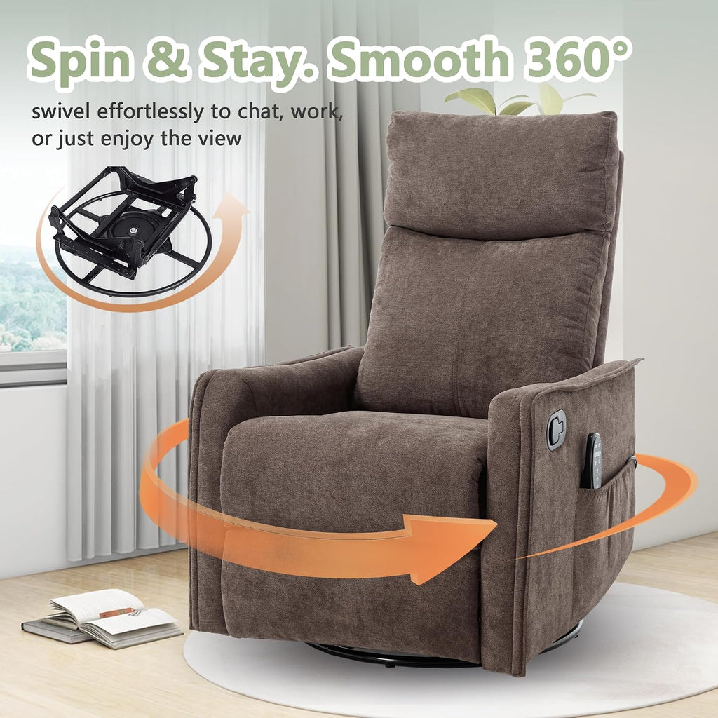cinkehome Swivel Rocker Recliner, Glider Rocker Recliner Chair for Nursery, Manual Reclining Chair with Heated Massage, Small Spaces, Living Room, Linen Brown