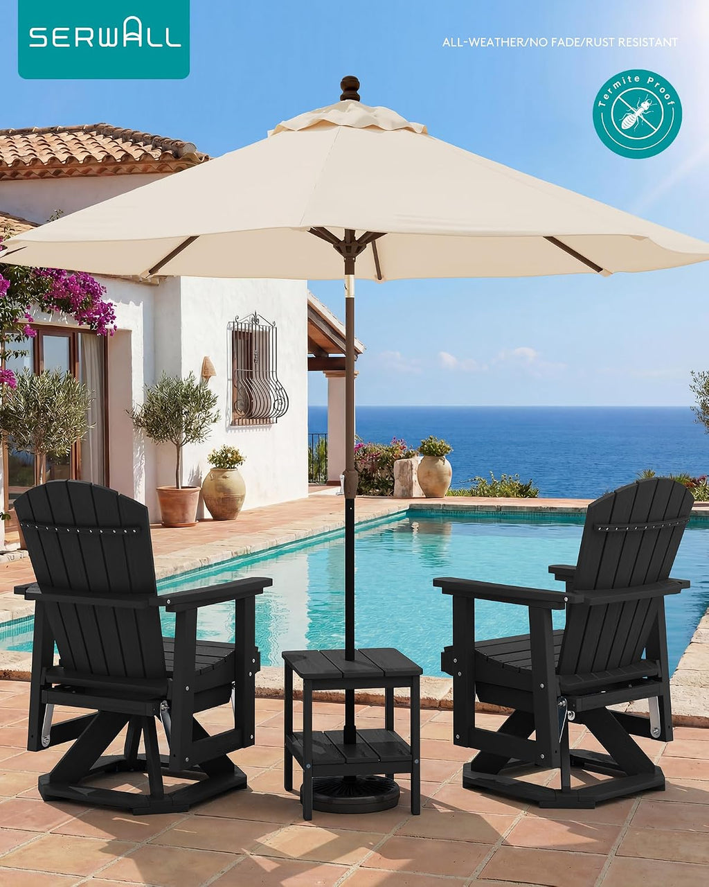 SERWALL Adirondack Swivel Glider Chair, HDPE All-Weather Patio Glider, 360 Degree Single Seat Glider Chair for Outdoor, Black
