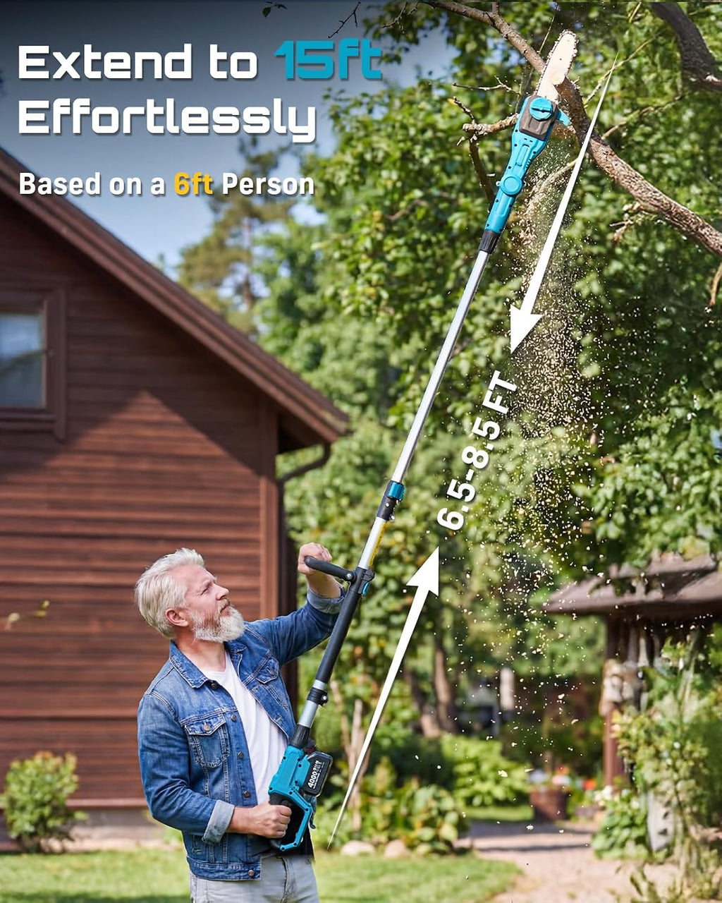 SEESII 2-in-1 Cordless Pole Saw & Hedge Trimmer Combo, 8' Electric Pole Chainsaw with 2×4.0 Ah Batteries, 16-Inch Extension Pole Hedge Trimmer, Bush Tree Pruner Limb Branch Cutter, 15ft Long Reach
