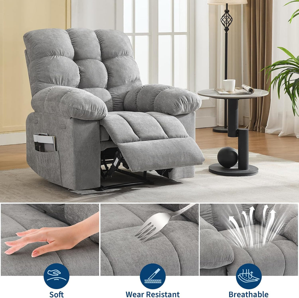 Recliner Rocking Chair with Massage & Heat, Wide Overstuffed Fabric Recliner with Breathable Upholstery, Ergonomic Design, 2 Side Pockets & Remote Control for Living Room or Bedroom (Gray)