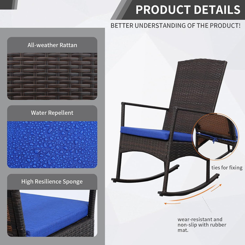 Outdoor HDPE Wicker Rocking Chair 3-Piece Patio Rattan Bistro Set 2 Rocker Armchair and Glass Coffee Side Table Furniture Washable Lacing Cushions, Blue
