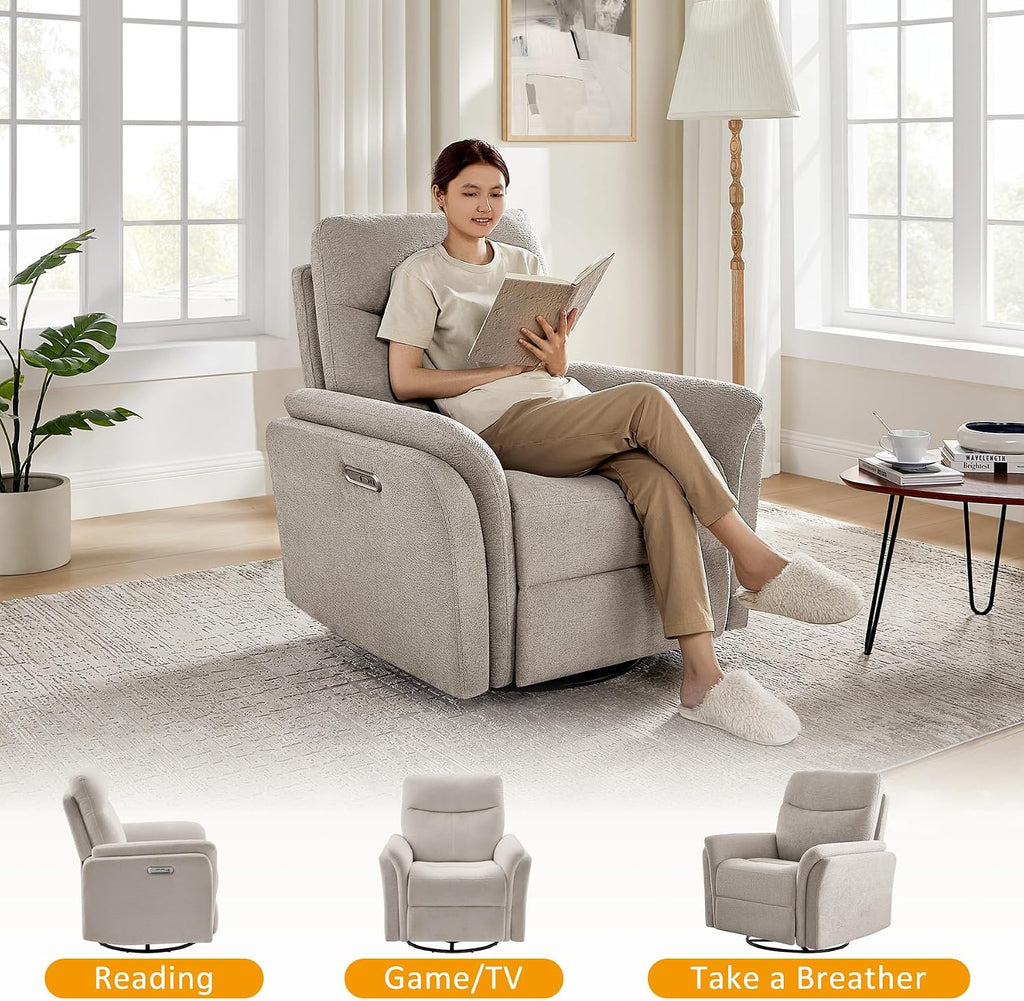 VANOMi Power Recliner Chair Swivel Glider, Electric Rocking Recliner Chairs with USB and Type-C Ports, Nursery Chair Recliner for Living Room, Bedroom, Apartment（Camel）