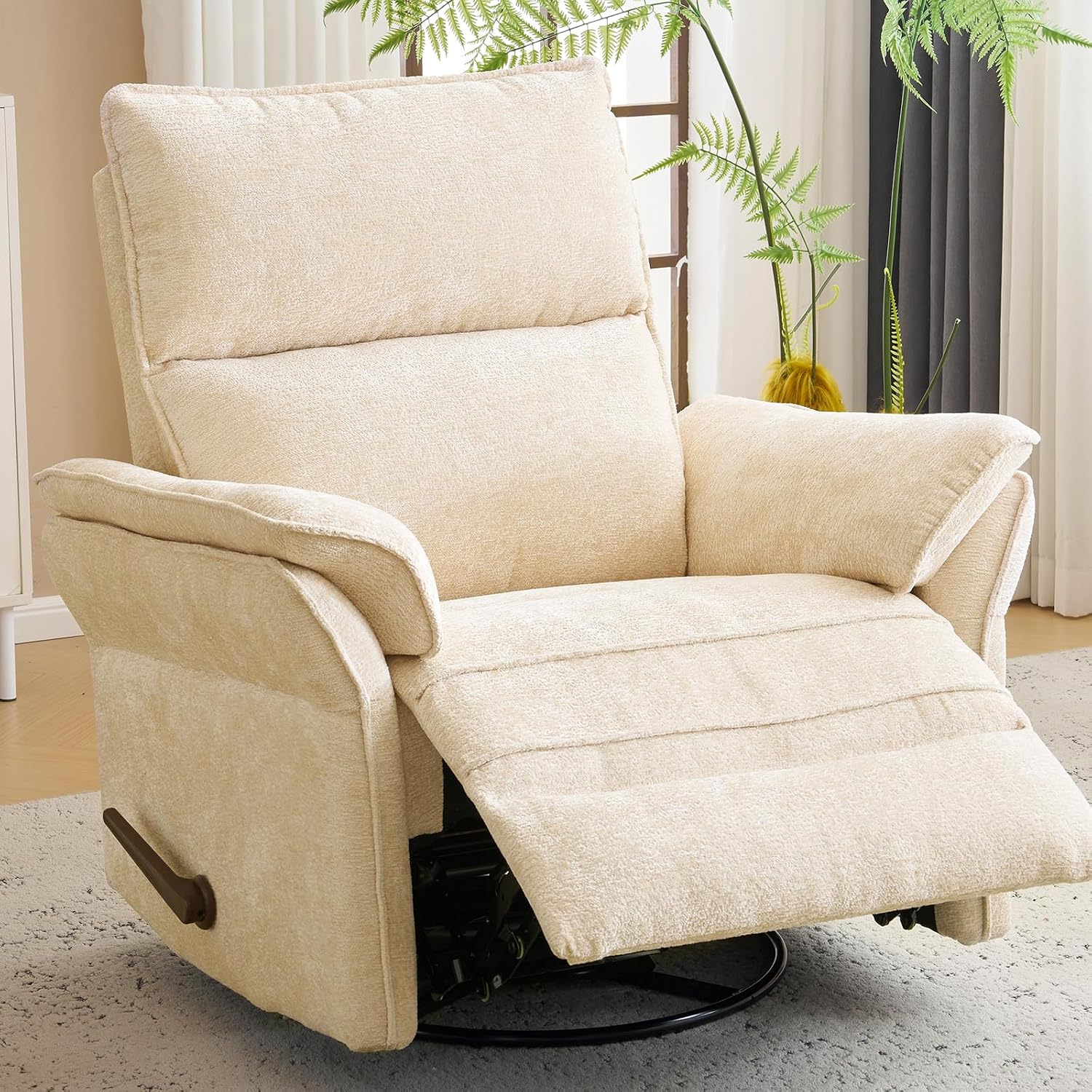 Oversized Swivel Rocker Recliner with Adjustable Headrest, Rocking Chair Nursery with Overstuffed Armrest, Manual Rocker Recliner Nursery Chair for Living Room,Beige