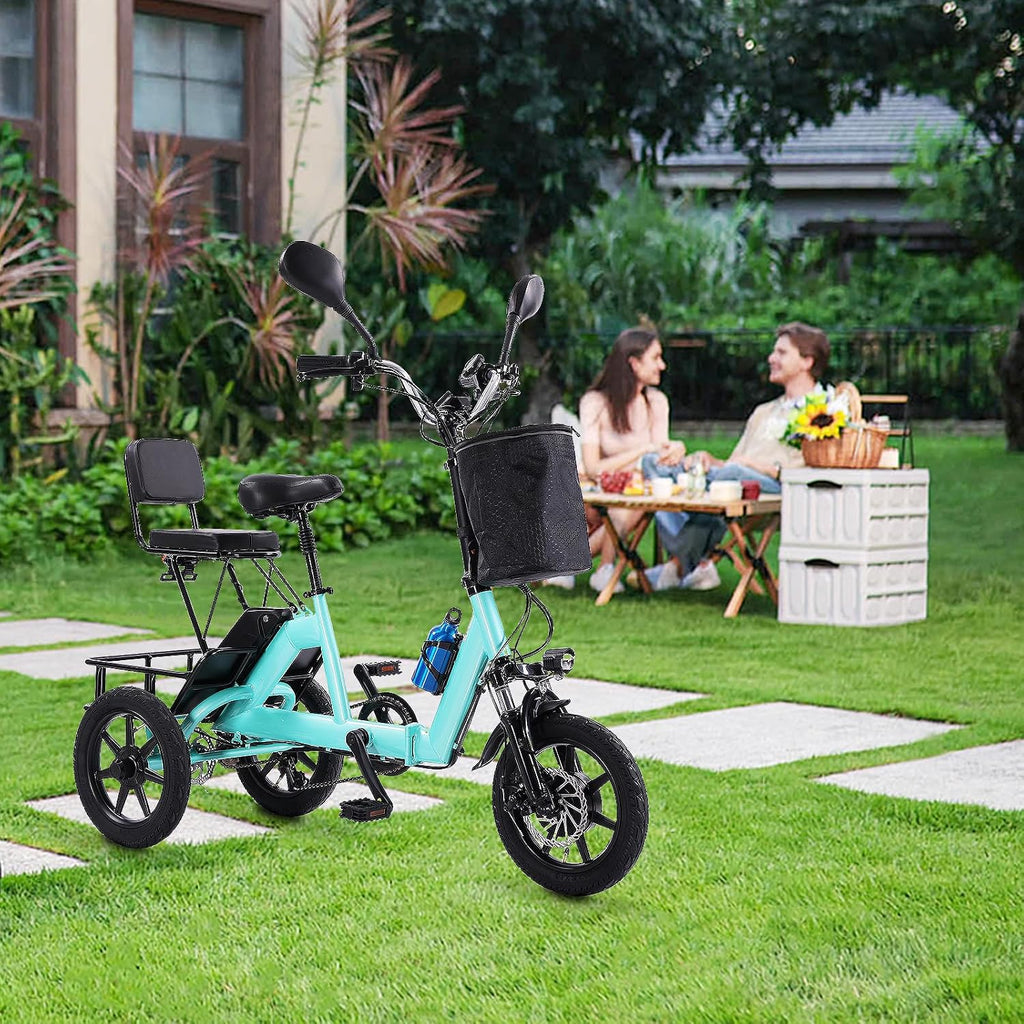E Trike Electric Bike, 350W(Peak 500W) Brushless Motor Folding Trike, 2 Seats Ebike, 480Wh Removable Battery, Step-Thru 3 Wheel Electric Bicycle, Up to 45 Miles, Tricycle for Adults Parents