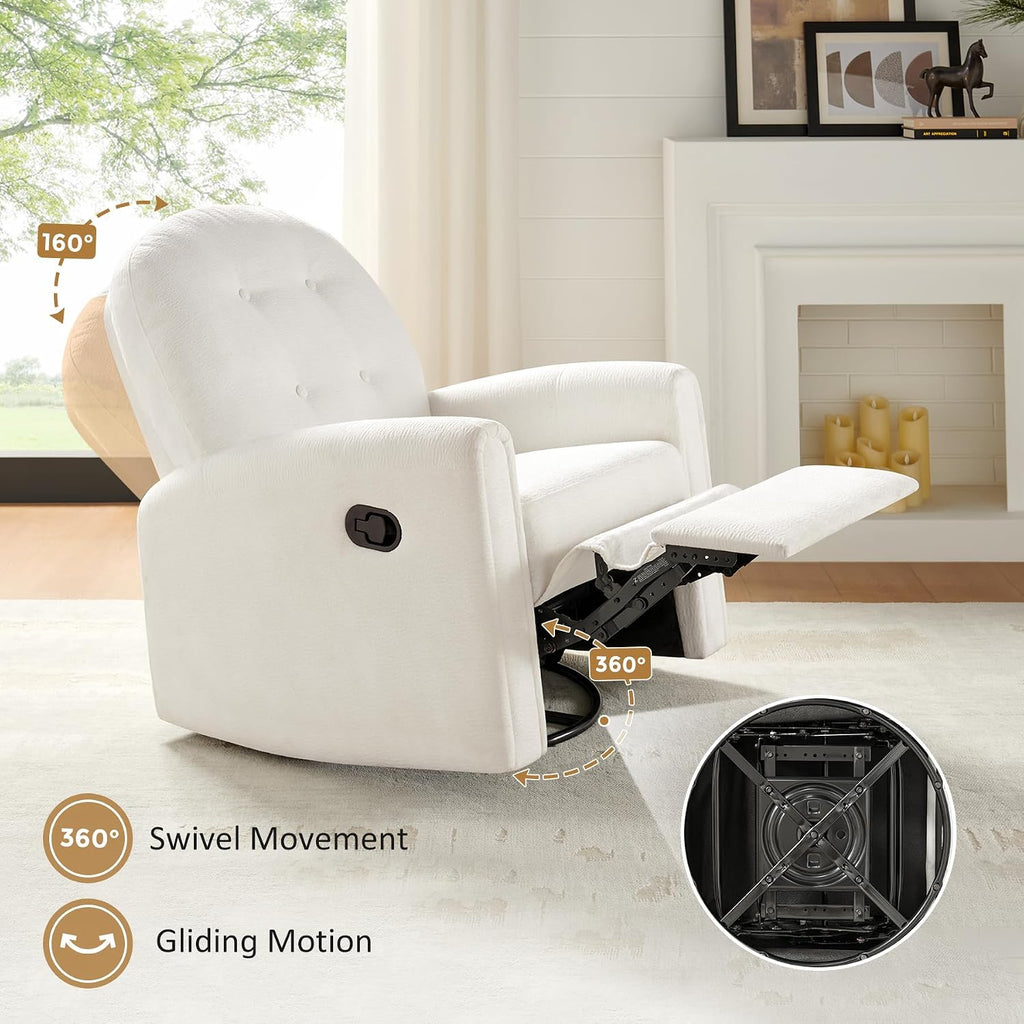 VANOMi 360 Swivel Rocker Recliner Chair, Nursery Rocking Chair with Tufted Backrest, Manual Recliner Chairs for Small Spaces, Upholstered Glider Nursing Chair for Living Room, Bedroom (White)