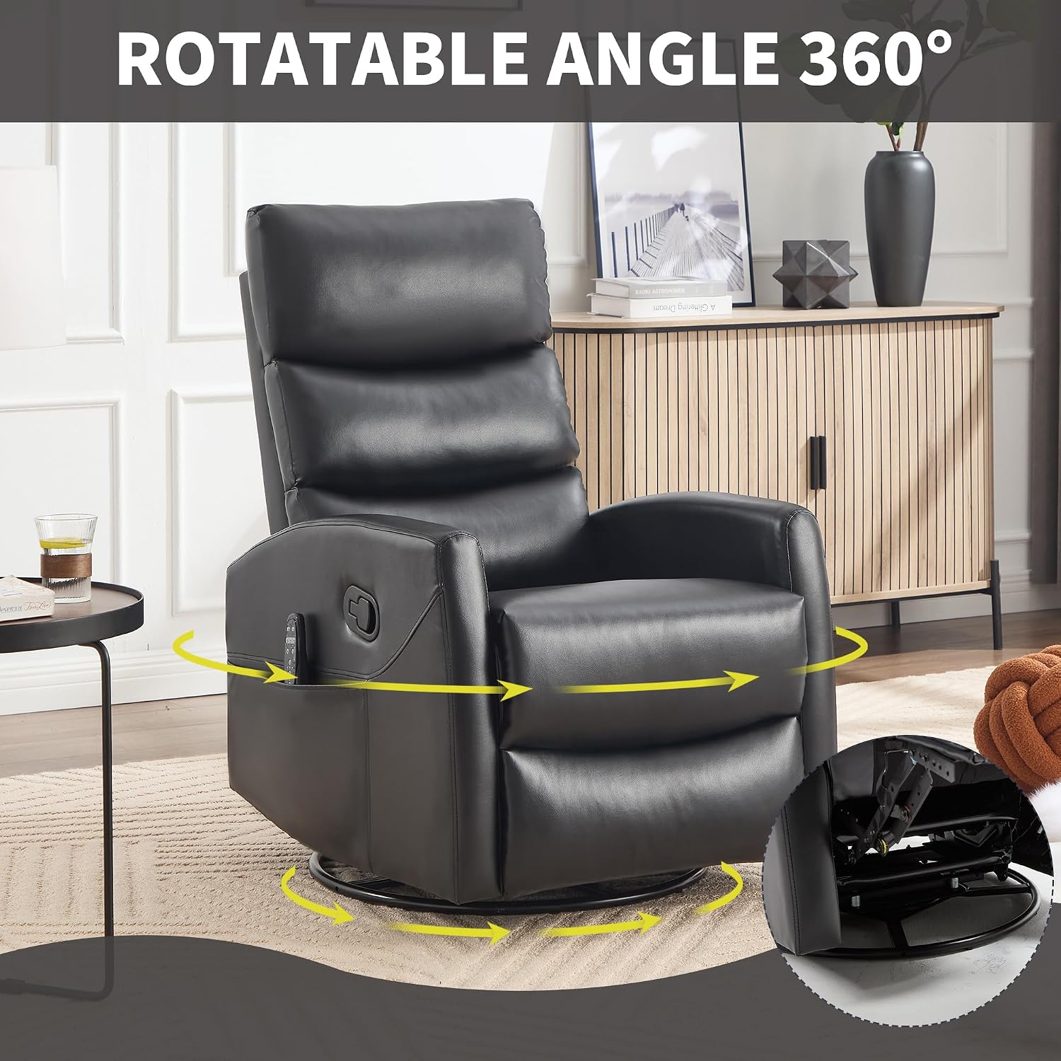 PELUMY 360° Swivel Rocker Recliner with Heat & Vibration Massage, Glider Rocking Chair for Adults, Compact Recliner for Living Room, Small Spaces, Nursery, Bedroom (Breathable Leather, Black)