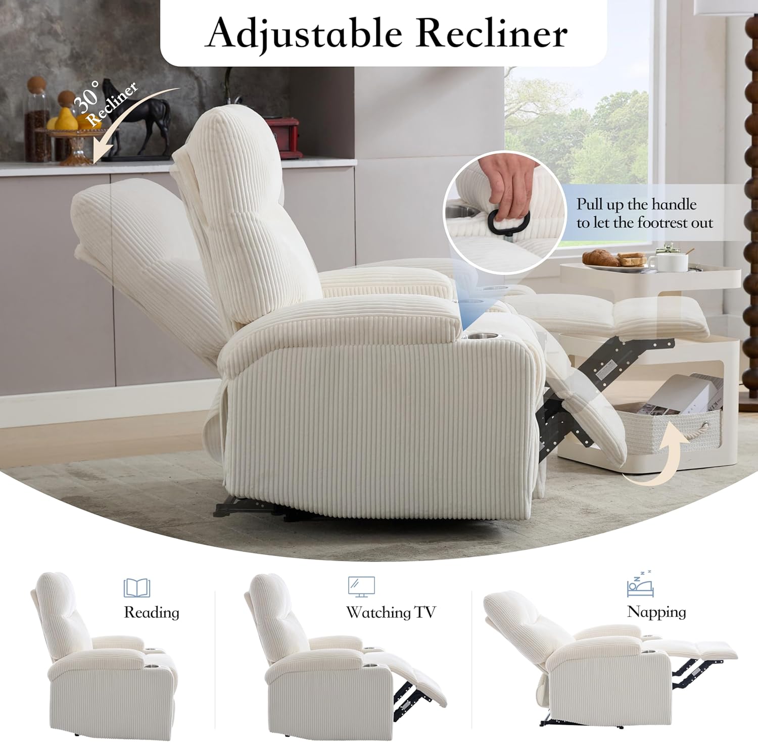 Manual Recliner Chair with Pull Ring, 3 Position 140° Reclining Sofa for Living Room, Nursery, RV, and Office,Oversized Recliner Chairs for Adults(White Corduroy Fabric)