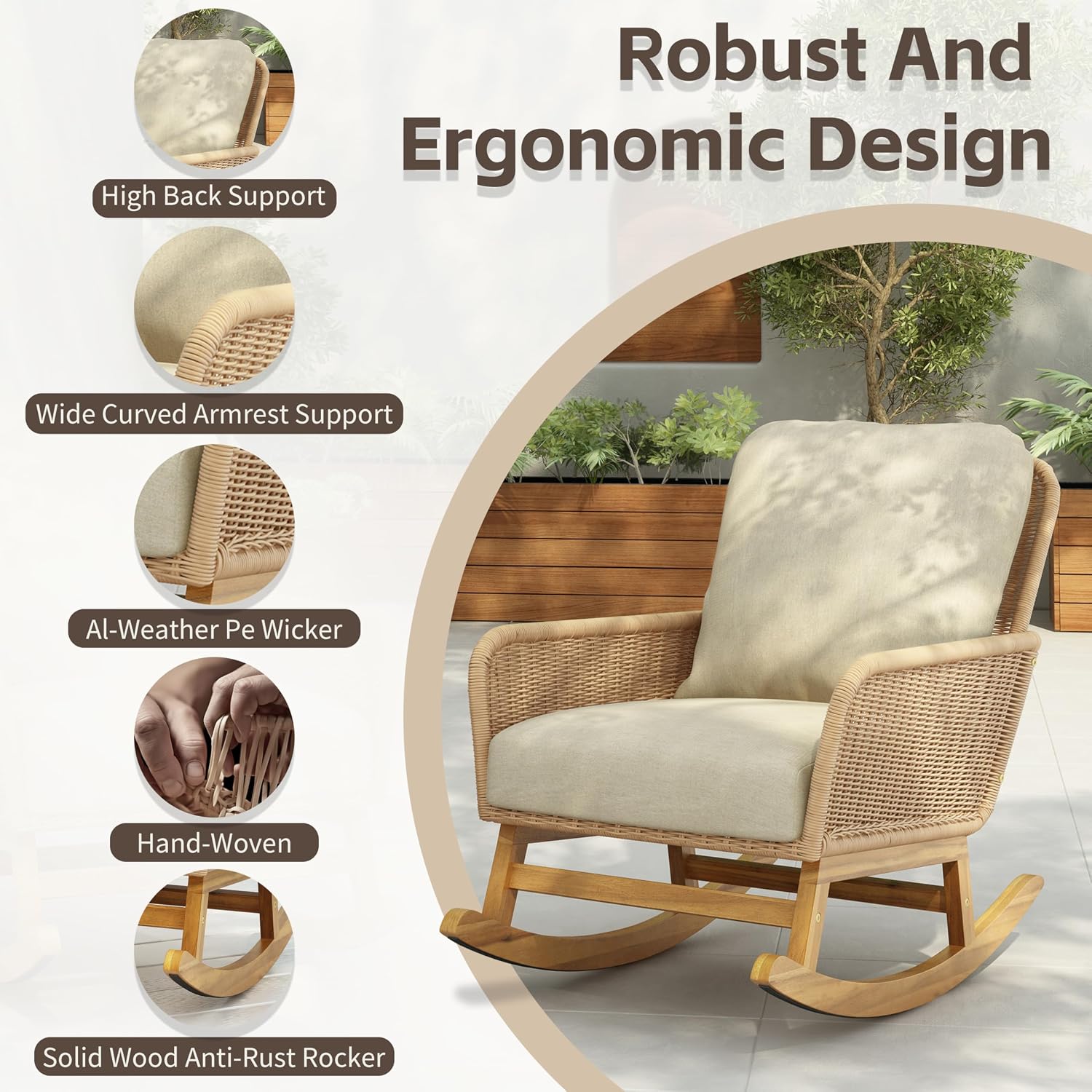 Christopher Knight Home Nadine Patio Rocking Chairs Set of 2, Wicker Rocker, Wood Rocking Chair, PE Rattan Wick Chair, Rocking Chair with Cushions, Comfort Wicker Rocker for Backyard Balcony, Beige