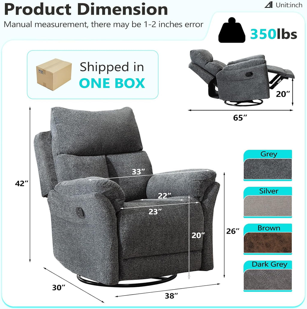 ANJ Swivel Rocker Recliner Chair Nursery, Manual Fabric Rocking Recliner, Modern Rocking Reclining Chairs for Living Room, Bedroom(Gray)