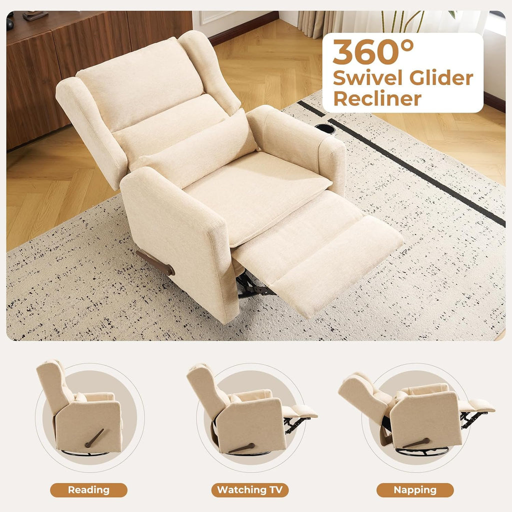 Large Glider Rocker Recliner,Rocking Chair Nursery with Adjustable Headrest,Swivel Rocker Recliner with Lumbar Support,Manual Nursery Rocker Recliner for Living Room& Bedroom,Chenille Beige