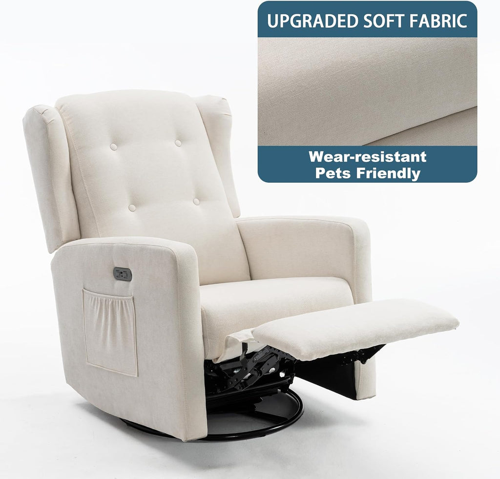 Ketaiyou Power Swivel Rocking Recliner Chair, High Back Electric Rocker Nursery Glider Chair, USB and Type-C Ports, Upholstered Fabric Reclining Single Sofa Chair for Living Room (Beige)