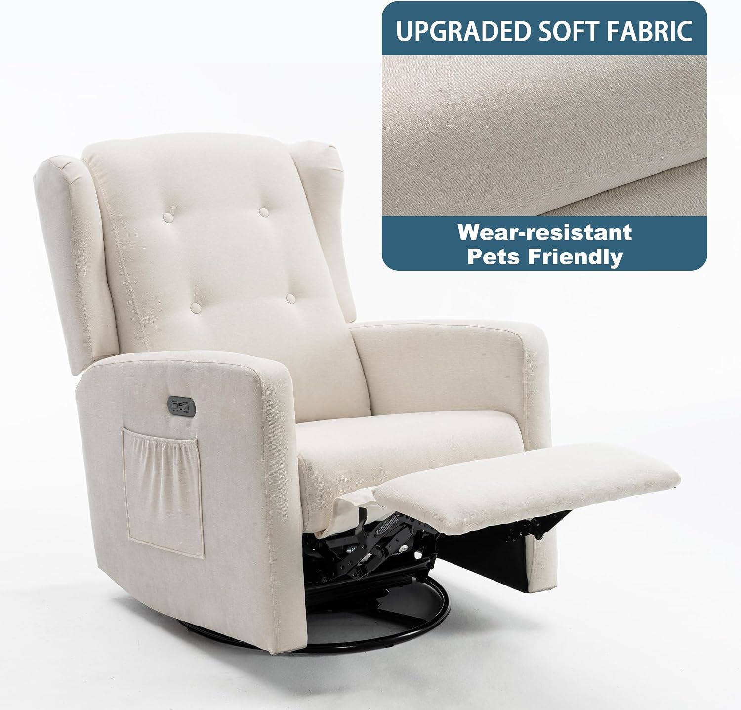 Ketaiyou Power Swivel Rocking Recliner Chair, High Back Electric Rocker Nursery Glider Chair, USB and Type-C Ports, Upholstered Fabric Reclining Single Sofa Chair for Living Room (Beige)