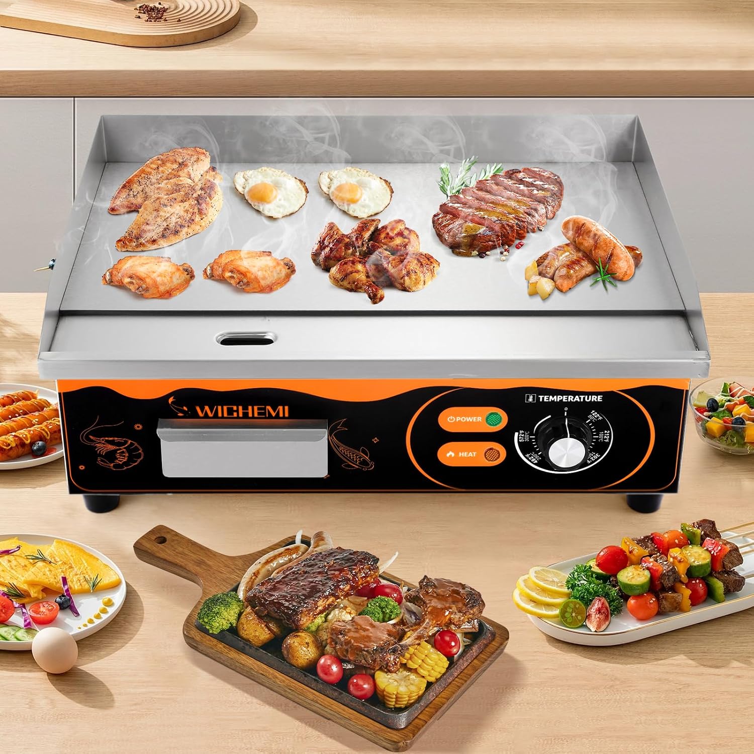 WICHEMI 22' Electric Grill Commercial Countertop Griddle Flat Top Grill Hot Plate Non-Stick Stainless Steel Teppanyaki Grill for Restaurant Kitchen, 110V 3000W