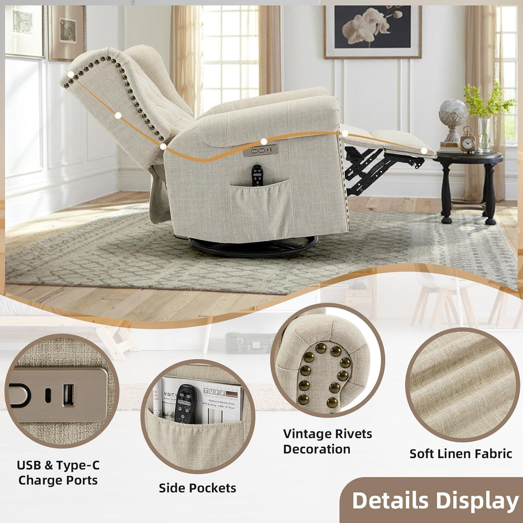 Power Swivel Rocking Glider Recliner Chair with Massage and Heat, Electric Nursery Glider Rocker for Living Room, Wingback Tufted Upholstered Recliner Chair with Type-C & USB Ports, Beige