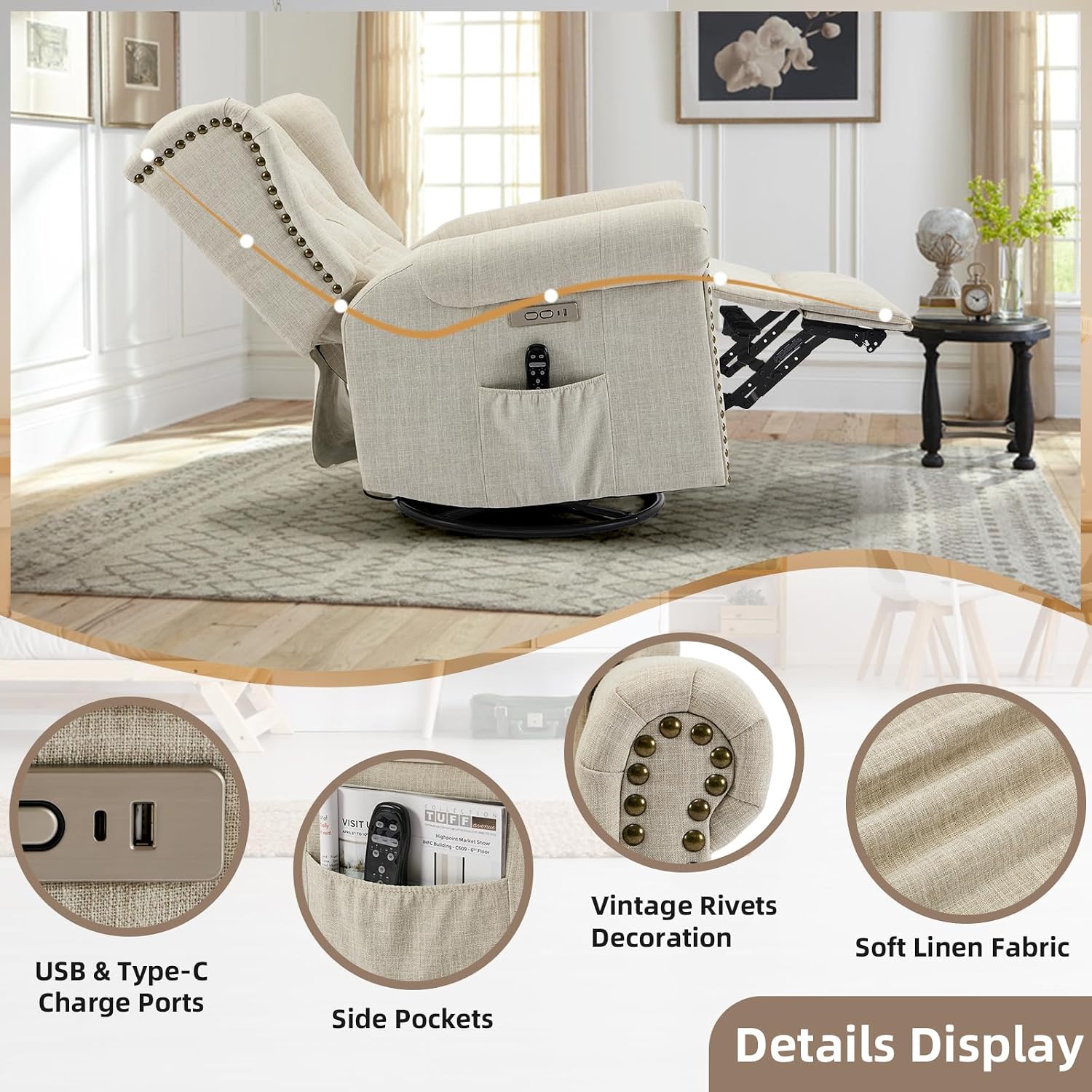 Power Swivel Rocking Glider Recliner Chair with Massage and Heat, Electric Nursery Glider Rocker for Living Room, Wingback Tufted Upholstered Recliner Chair with Type-C & USB Ports, Beige