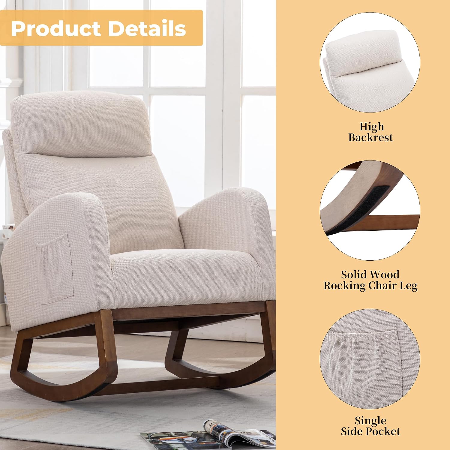 Modern Rocking Chair with Breathable Yellow Linen & Solid Wood Legs - Recliner Glider Armchair Featuring Side Pocket, High Back Support for Nursery, Living Room, Bedroom (Beige)