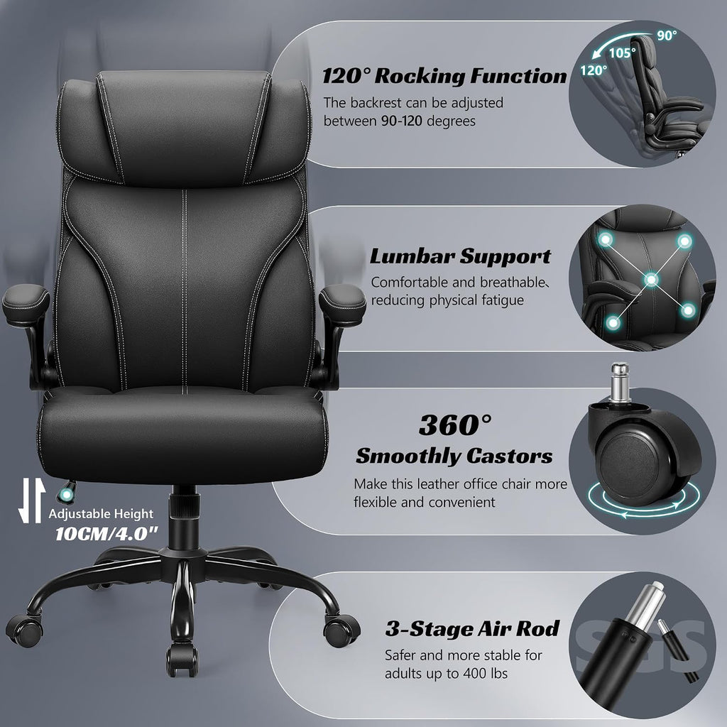 HeroSet Office Chair, Ergonomic Big and Tall Computer Desk Chairs, Executive Breathable Leather Chair with Adjustable Flip-up Armrests, Lumbar Support Swivel PC Chair with Rocking Function