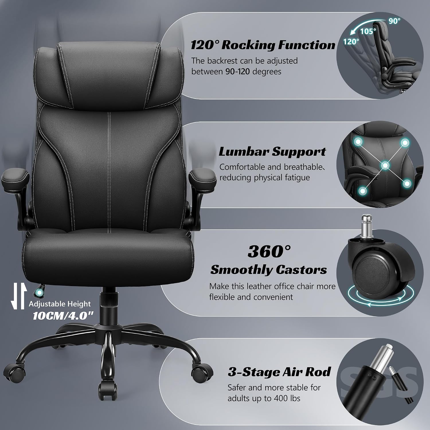 HeroSet Office Chair, Ergonomic Big and Tall Computer Desk Chairs, Executive Breathable Leather Chair with Adjustable Flip-up Armrests, Lumbar Support Swivel PC Chair with Rocking Function