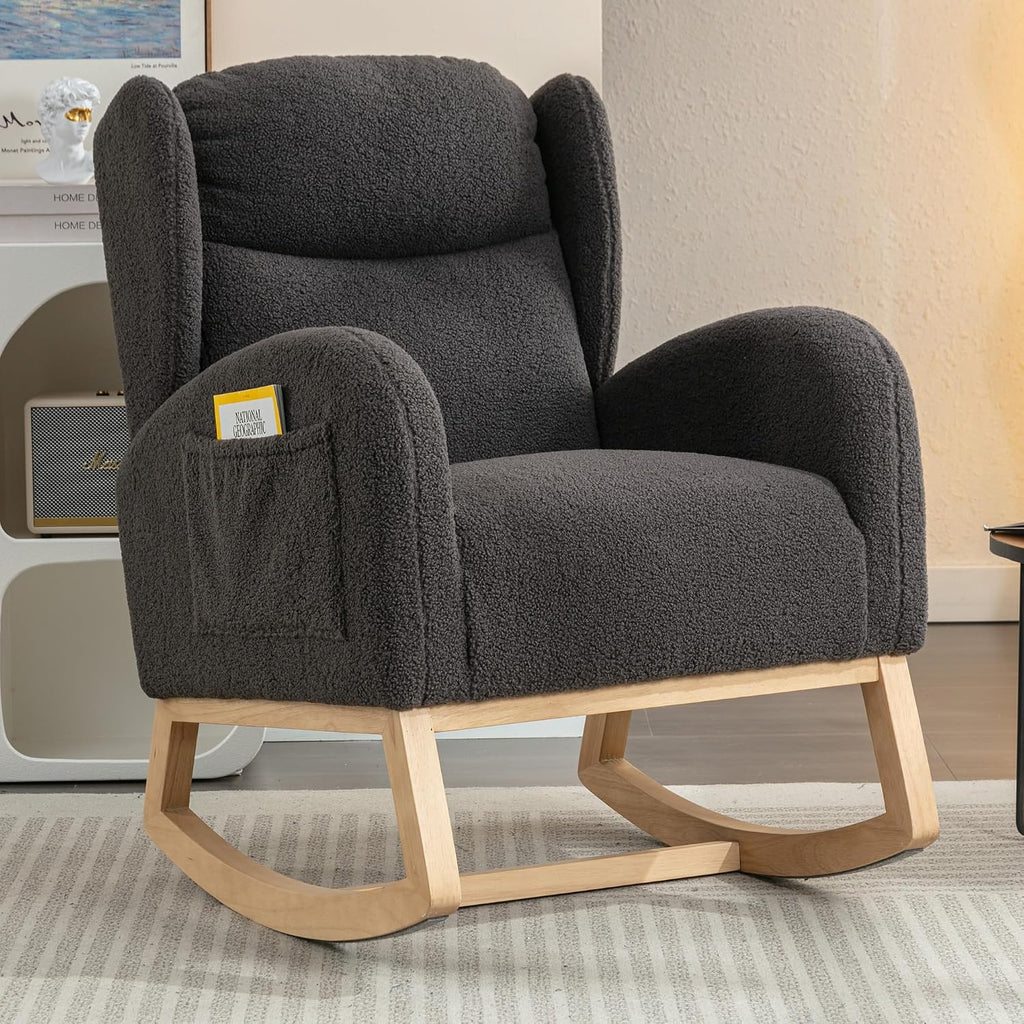 Setawix Teddy Rocking Glider Chair for Nursery,Upholstered Living Room Rocker Arm Chair,Leisure Sherpa Wingback Armchair,Mid Century Modern Rocking Accent Chair with Side Pockets (Wingback Dark Grey)