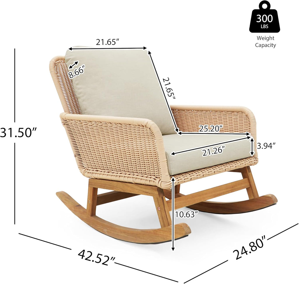 Christopher Knight Home Nadine Patio Rocking Chairs Set of 2, Wicker Rocker, Wood Rocking Chair, PE Rattan Wick Chair, Rocking Chair with Cushions, Comfort Wicker Rocker for Backyard Balcony, Beige