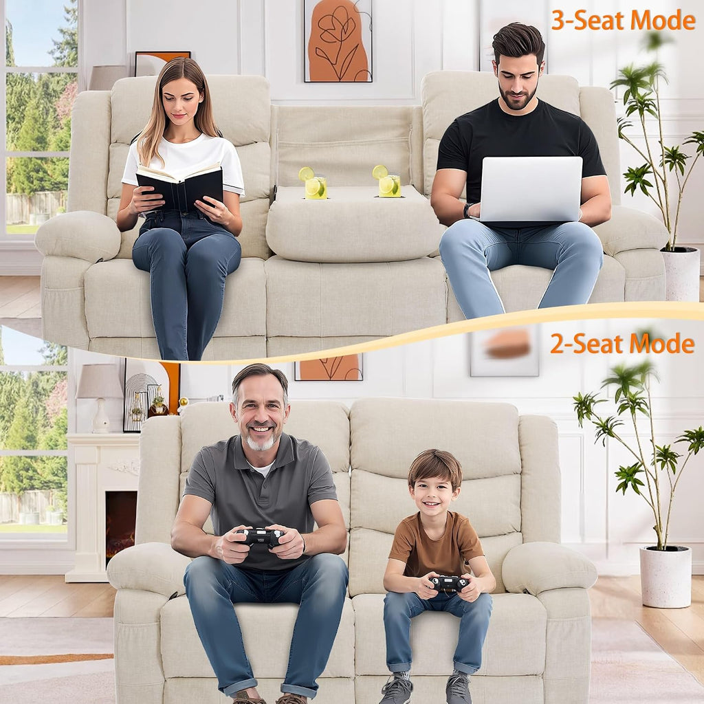 Korser Recliner Sofa, Reclining Loveseat with Console, Oversized Reclining Couch with Drop Down Table, 3-Seater Sofa with Cup Holder and Recessed Power Strip, Beige