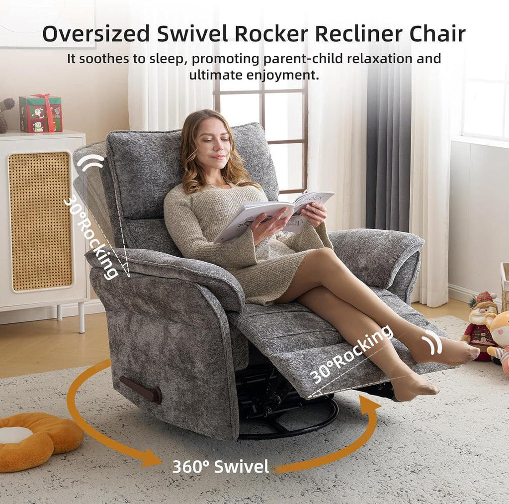 Oversized Glider Rocker Recliner, 26' Extra Wide 360° Swivel Nursery Recliner with Adjustable Headrest, Chenille Rocking Nursery Chair with Overstuffed Armrest, Lumbar Support, Dark Grey