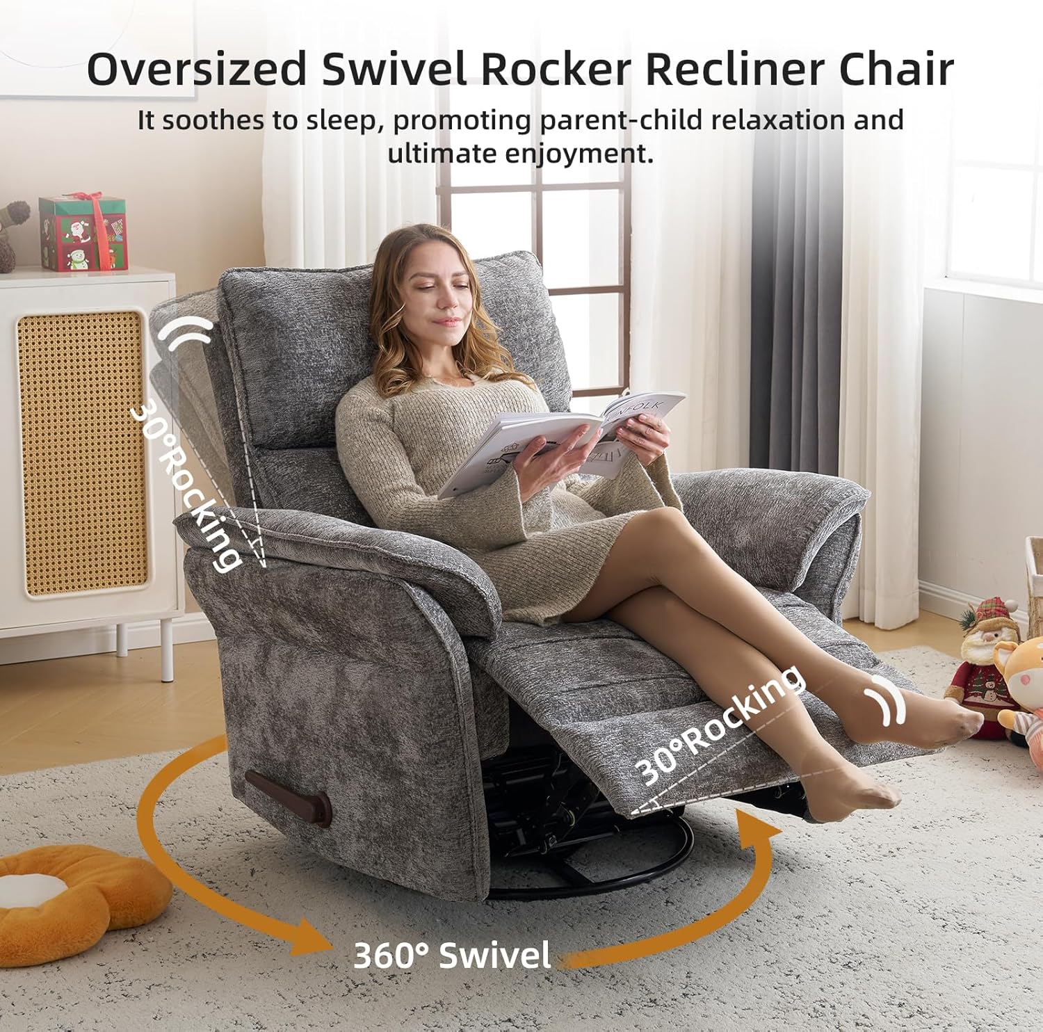 Oversized Glider Rocker Recliner, 26' Extra Wide 360° Swivel Nursery Recliner with Adjustable Headrest, Chenille Rocking Nursery Chair with Overstuffed Armrest, Lumbar Support, Dark Grey
