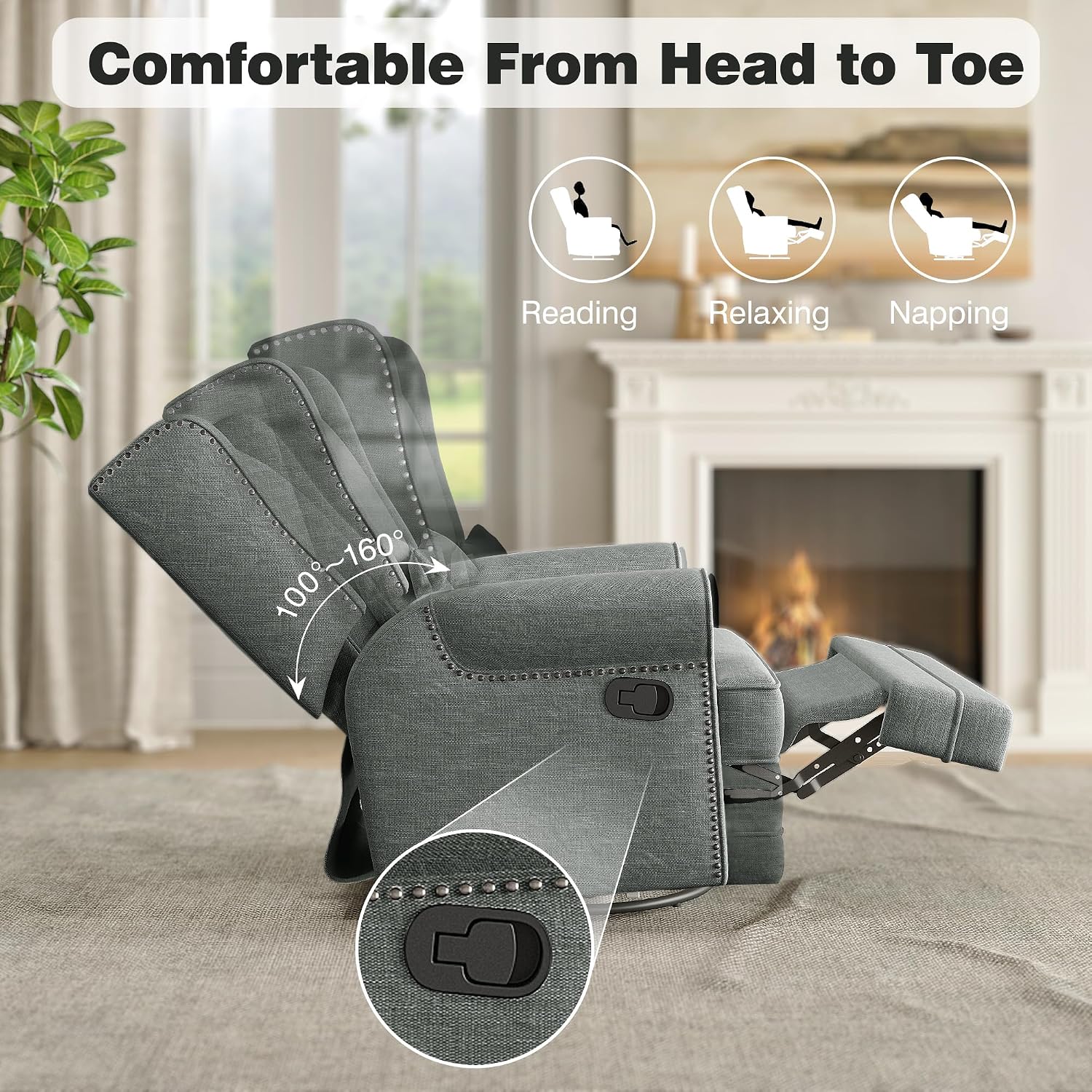 May in Color Nursery Glider Recliner, Comfy Upholstered Glider Chair with Lumbar Pillow and Footrest, Swivel Rocking Chair for Bedroom, Living Room, Dark Grey