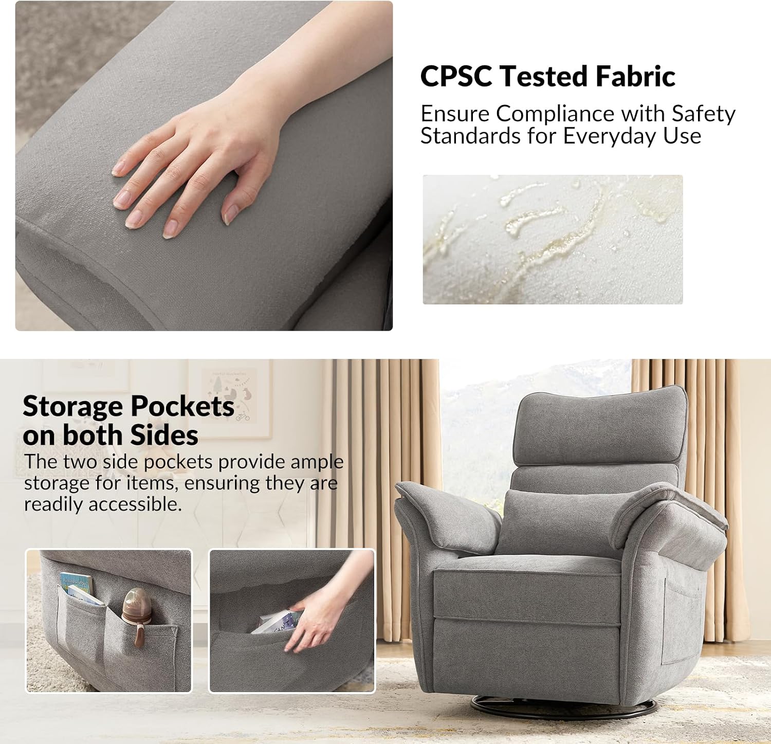 HULALA HOME Nursery Glider Recliner with Adjustable Headrest and Armrests, Modern Power Swivel Rocker Recliner Chair with USB Port and Storage Bags, GREENGARD, FSC, CertiPUR-US® Certified, Ash
