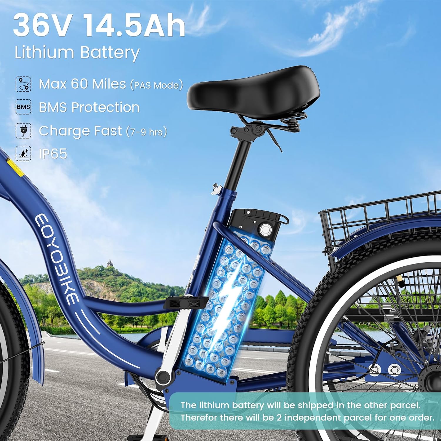 Electric Tricycle for Adults Seniors, 24/26 Inch 3 Wheel E-Trike, 350W Motor (700W Peak), Removable 36V Battery, Up to 15.5MPH, 25-60Mile Range, Low Step-Through, Rear Basket, 350lbs Capacity, 7 Speed