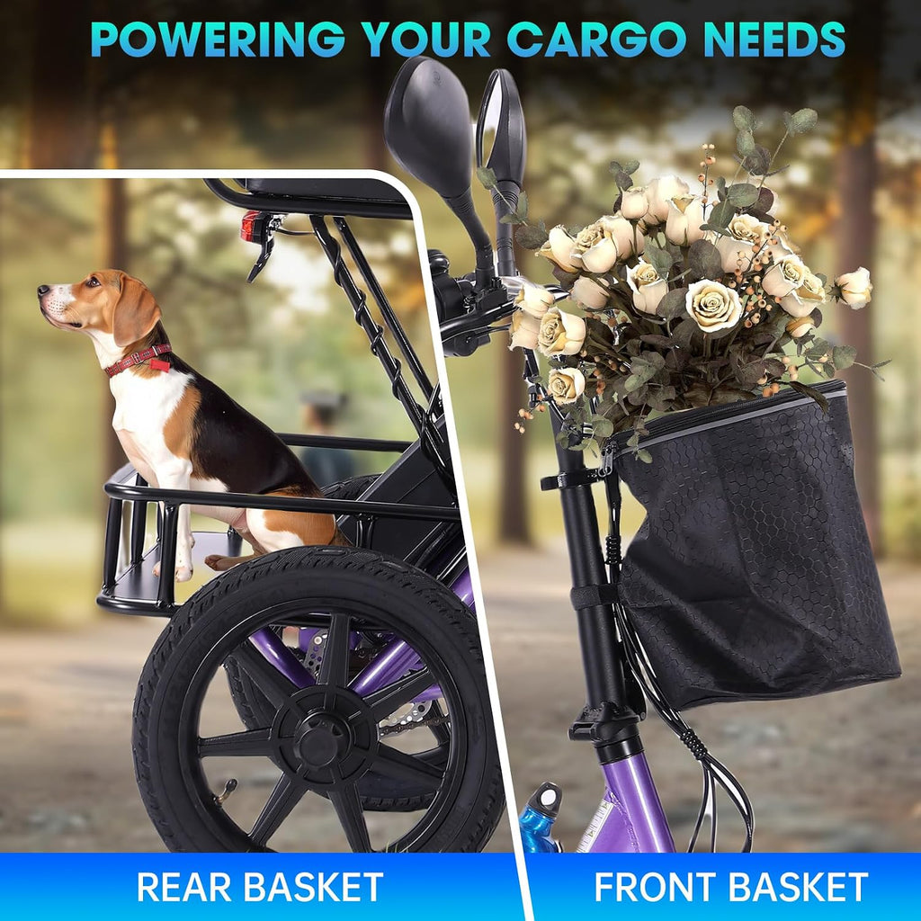 E Trike Electric Bike, 350W(Peak 500W) Brushless Motor Folding Trike, 2 Seats Ebike, 480Wh Removable Battery, Step-Thru 3 Wheel Electric Bicycle, Up to 45 Miles, Tricycle for Adults Parents