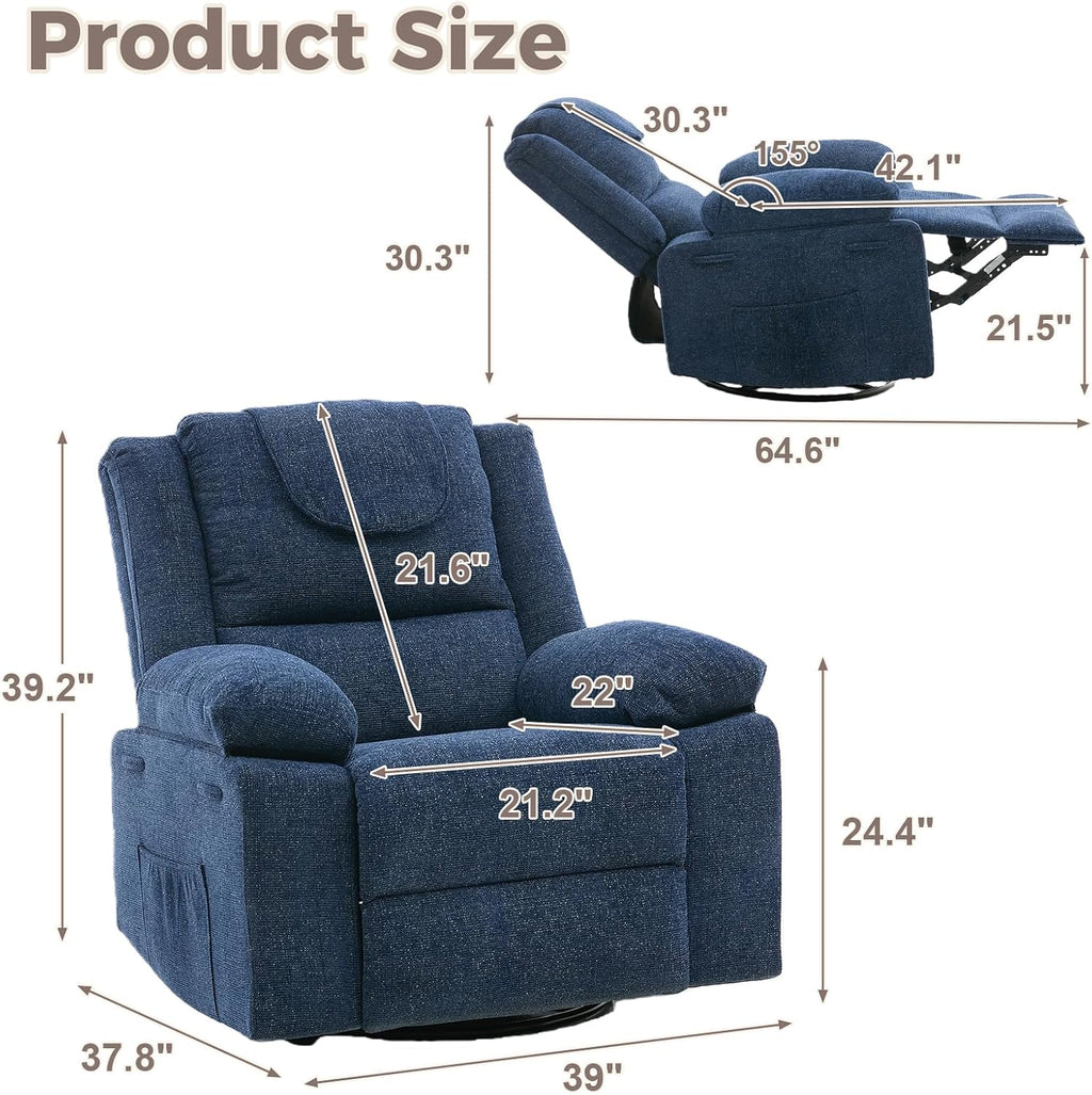 Rocking Nursery Glider Recliner Chair,360° Swivel Rock Recliner Chairs Single Sofa with Vibration Massage and Heating for Living Room/Bedroom,Blue