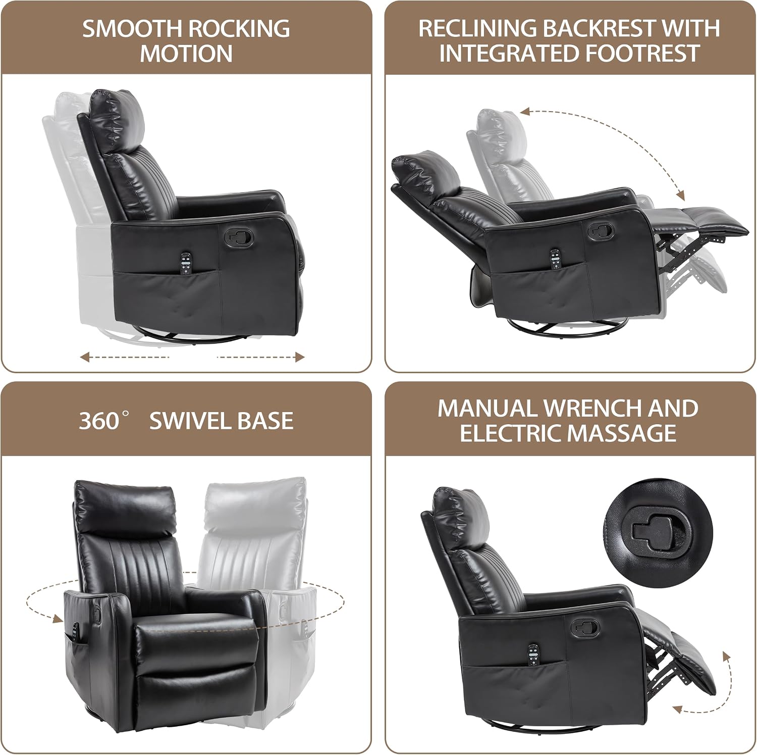 PELUMY 360 Swivel Rocking Recliner Chair for Adults, Nursery Rocking Chair with Heat and Massage, Glider Reclining Chair for Small Space, Living Room, Bedroom, Black, Multiple Line Backrest, Fabric