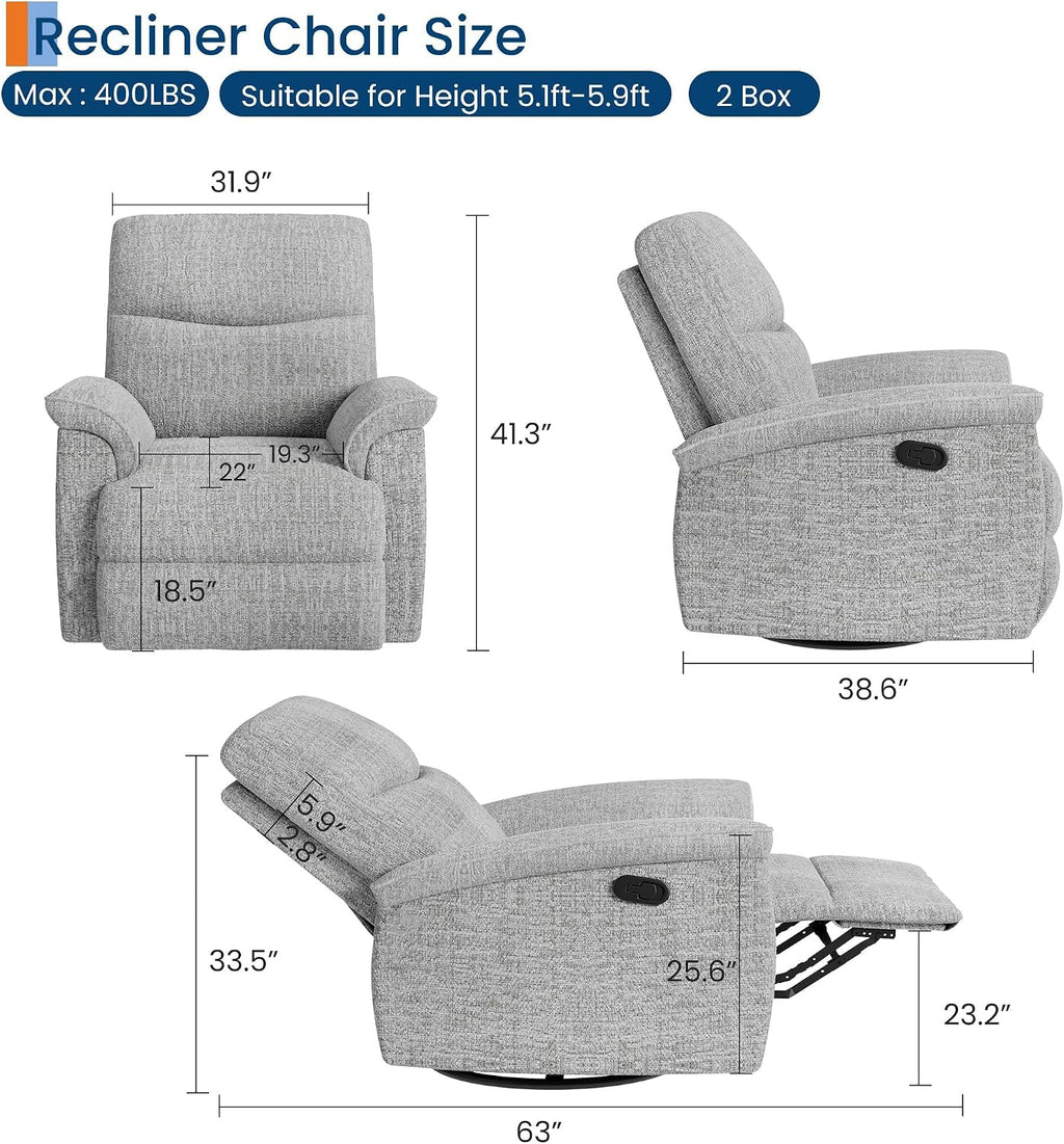 GarveeHome Manual Swivel Rocker Recliner Chair, 360° Swivel Oversized Chenille Reclining Armchair for Living Room Bedroom Home Theater, 150° Recline, Heavy Duty 350 LBS Capacity Single Sofa