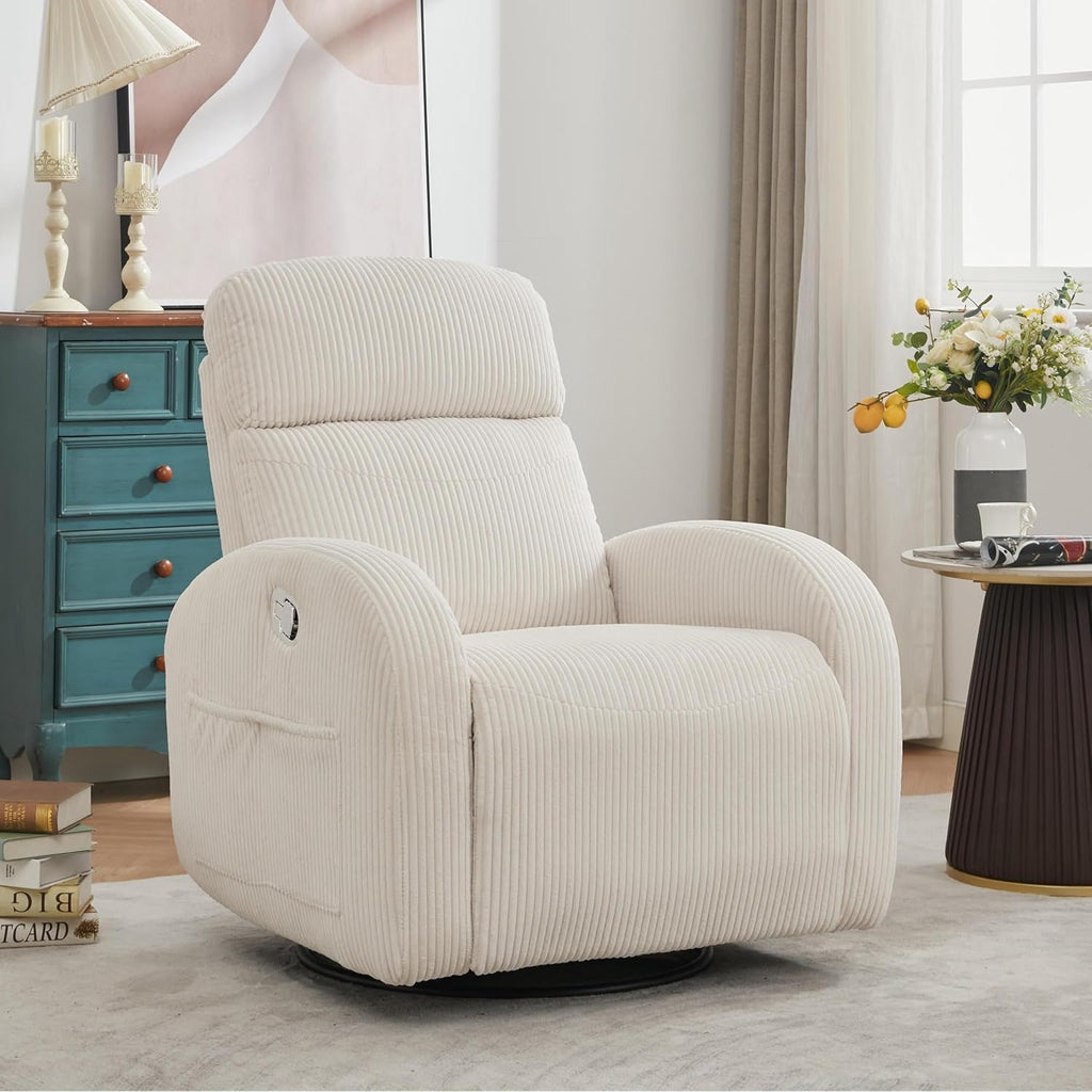 Glider Recliner for Nursery, Swivel Rocker Recliner with 2 Pockets for New Mother, Corduroy Manual Roking Recliners for Living Room, Bedroom, Cream White