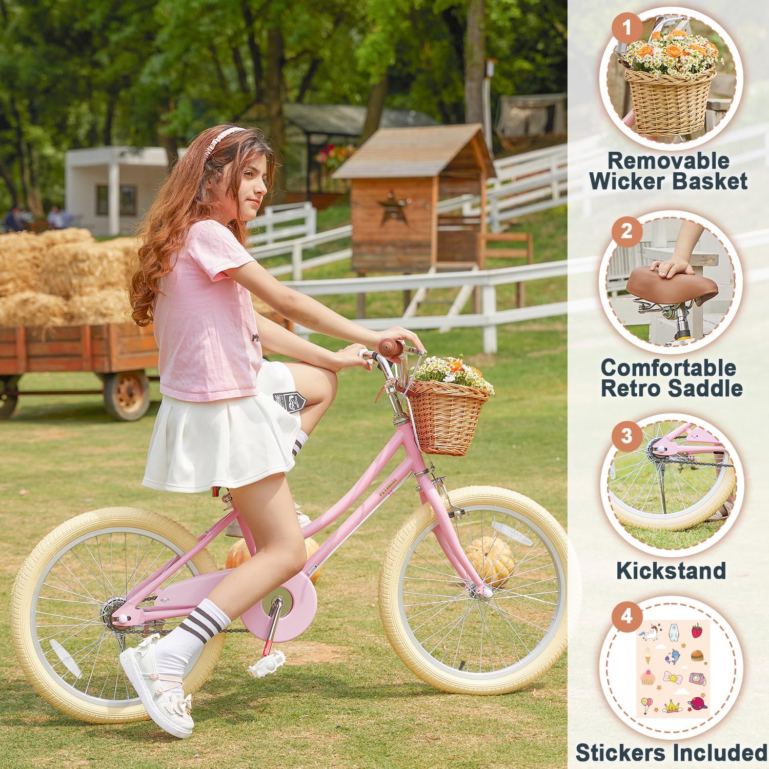 Petimini Vintage Kids Bike for Girls, 12–20 Inch Classic Bicycle with Wicker Basket & Bell, High Tensile Steel Frame, Training Wheels (12–18'), 85% Pre-Assembled, Retro Bike for Outdoor Riding