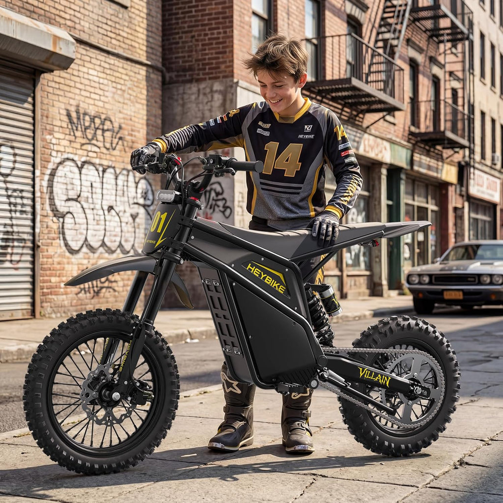 Heybike Villain Electric Dirt Bike, 4160W E Dirt Bike with 52V 26AH Battery, 14'/12' Fat Tire Electric Motorcycle for Teens, Max 45MPH Ebike with Reversing Function（Standard; Inky Black）