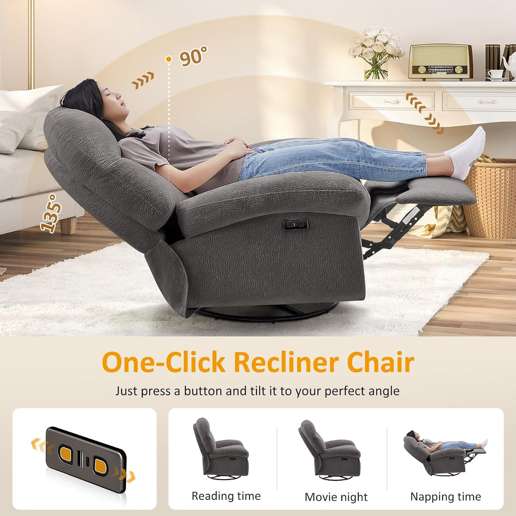VANOMi Power Recliner Chair with USB & Type-C Charging, 270° Swivel Glider Rocker, Electric Nursery Recliner for Living Room, Bedroom, Office, Dark Gray
