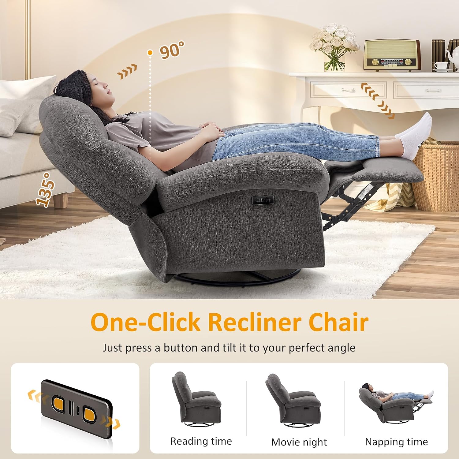VANOMi Power Recliner Chair with USB & Type-C Charging, 270° Swivel Glider Rocker, Electric Nursery Recliner for Living Room, Bedroom, Office, Dark Gray