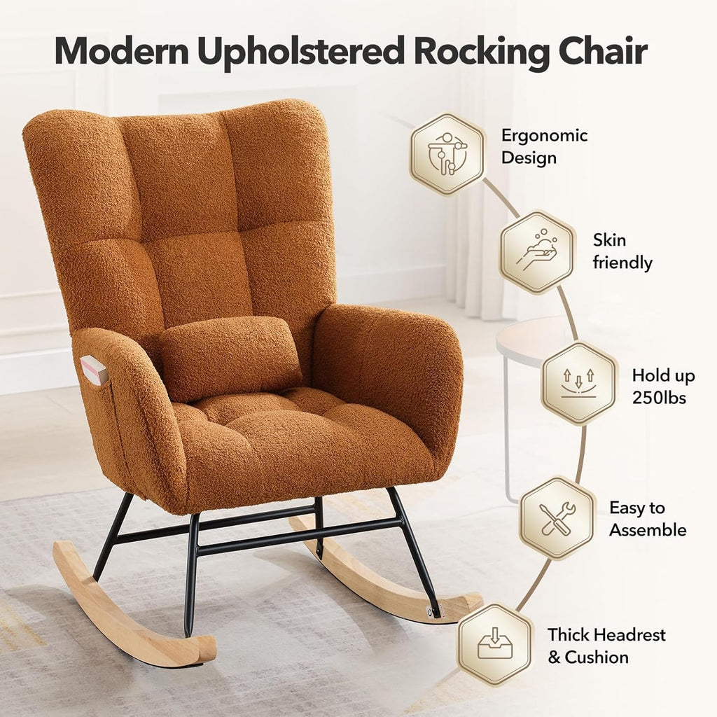 Rocking Chair Nursery Teddy with Pillow&High Backrest Armchair,Fabric Upholstered Accent Chair Nursing Chairs for Living Room, Bedroom,Brown