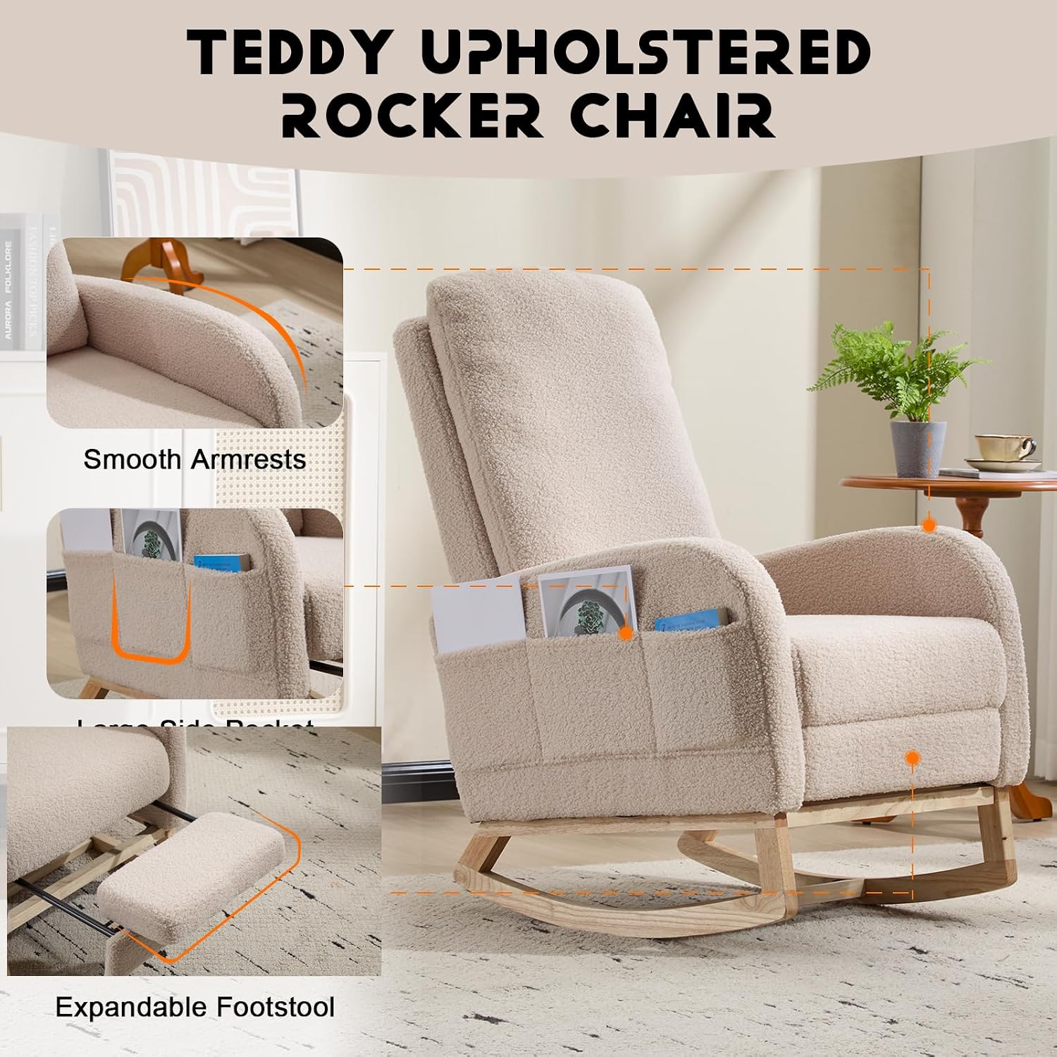 Rocking Chair Nursery with Foot Rest, Sherpa Nursing Rocking for Mom Nursery Rocker Chair with High Straight Backrest, Armchair Rocker Glider with Side Pocket for Living Room, Bedroom, Teddy Begie