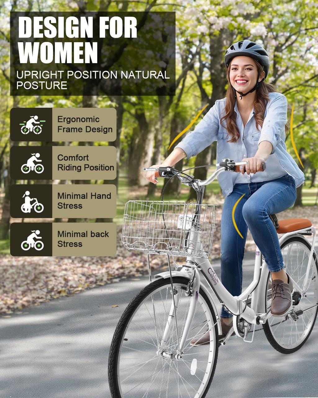 CamPingSurvivals 24/26 Inch Foldable Bike Folding Bicycle, 7 Speed Beach Cruiser Bike with Lock, Comfort Back Seat, Foldable Basket & Ergonomic Upright Frame, Cruiser Bicycle for Adults