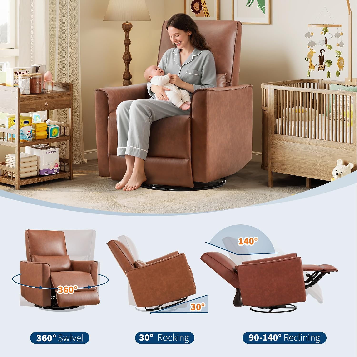 IDEALHOUSE Swivel Rocking Nursery Recliner Chair Rocker Recliner Glider Deep Seat PU Leather Sofa Chair with high Backrest for Nursery, Living Room, Bedroom & Home Movie Theater (Chocolate)