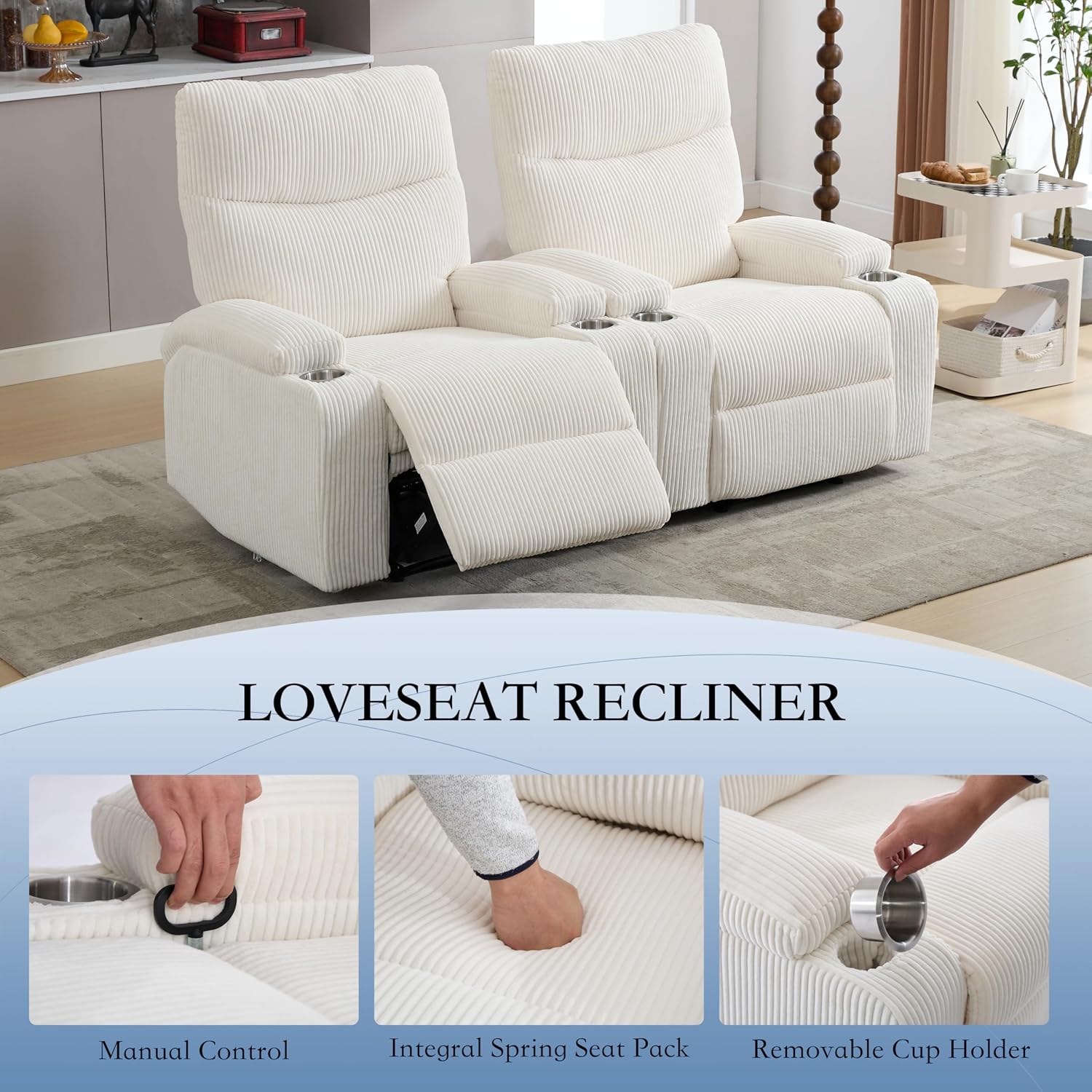 Manual Recliner Chair with Pull Ring, 3 Position 140° Reclining Sofa for Living Room, Nursery, RV, and Office,Oversized Recliner Chairs for Adults(White Corduroy Fabric)