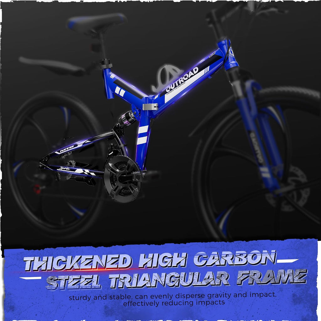 26 Inch Adult Folding Bikes/Mountain Bikes, 21 Speeds Mountain Bicycles with Full Suspension, Dual Disc Brake, High Carbon Steel Frame, Foldable Bike for Men/Women/Teen, Multiple Colors