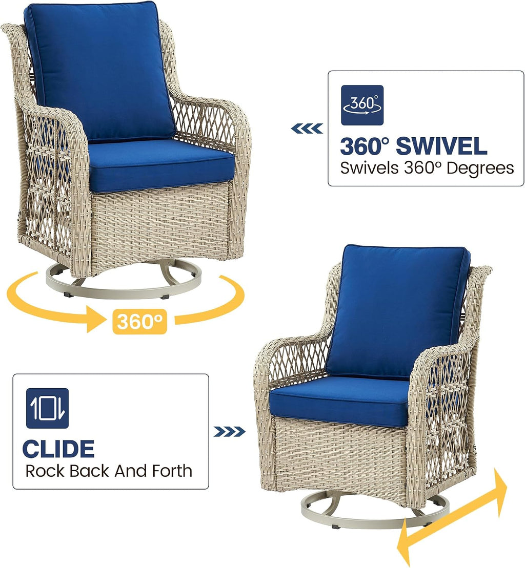 GAOMON 3 Piece Outdoor Patio Set, Wicker Rocking Bistro Set with 2 Swivel Chairs & Tempered Glass Top Table, Rattan Outdoor Furniture with Cushions for Patio Porch Backyard,Beige/Light Blue Cushion