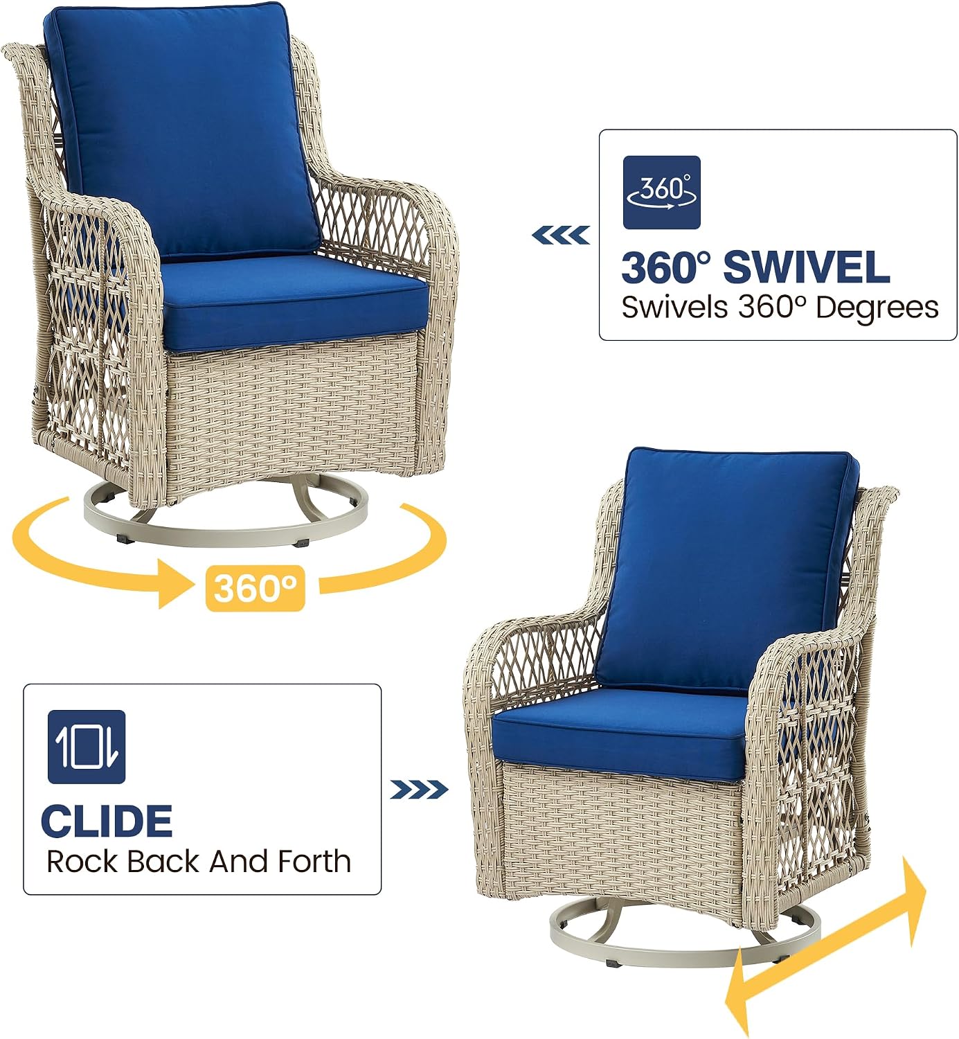 GAOMON 3 Piece Outdoor Patio Set, Wicker Rocking Bistro Set with 2 Swivel Chairs & Tempered Glass Top Table, Rattan Outdoor Furniture with Cushions for Patio Porch Backyard,Beige/Light Blue Cushion