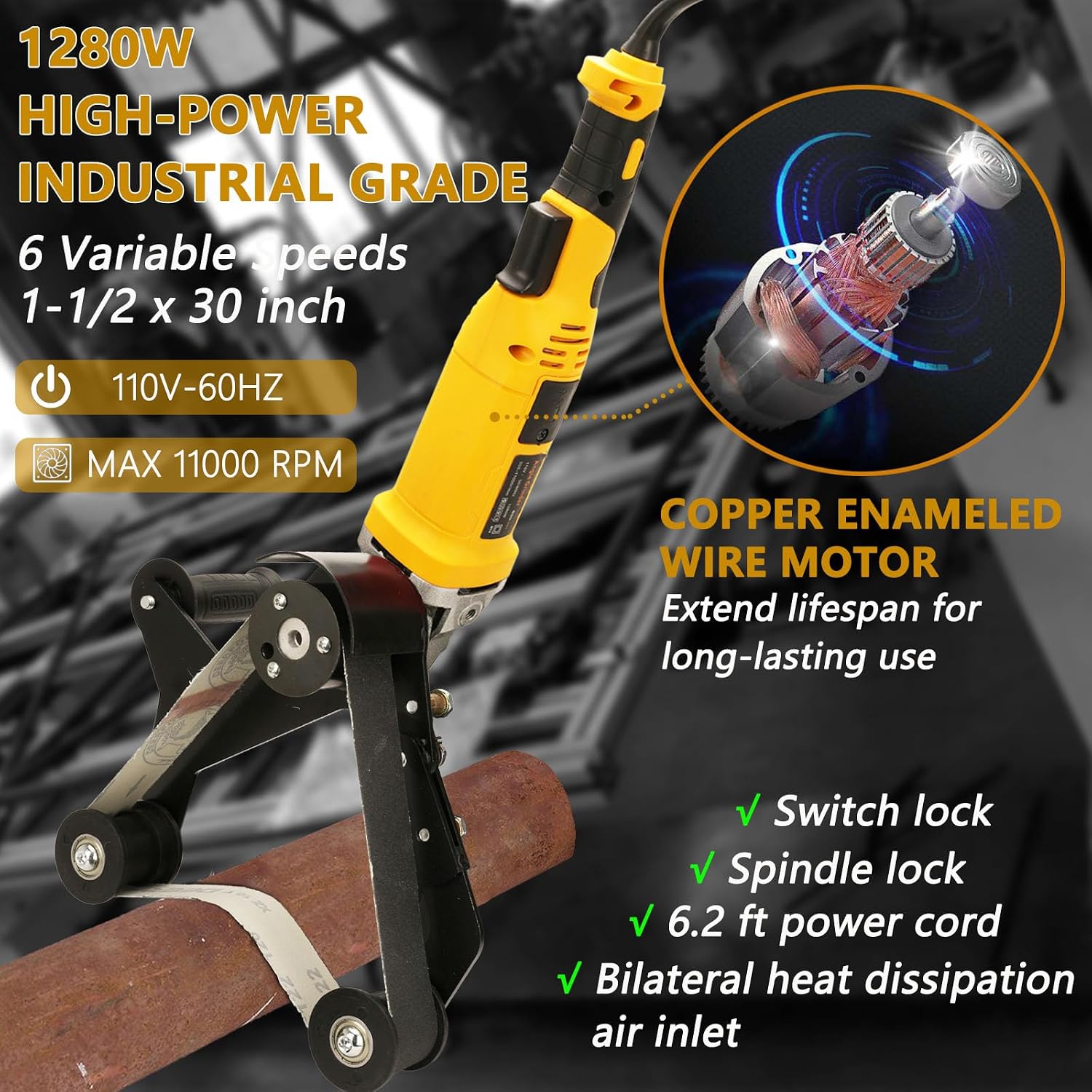 Pipe Tube Polisher Sander,1300W High-Power Industrial Grade Pipe Belt Sander with 6 Variable Speeds,Professional Polishing Tools for Grinding, Polishing,and Rust Removal(30Pcs Belts).