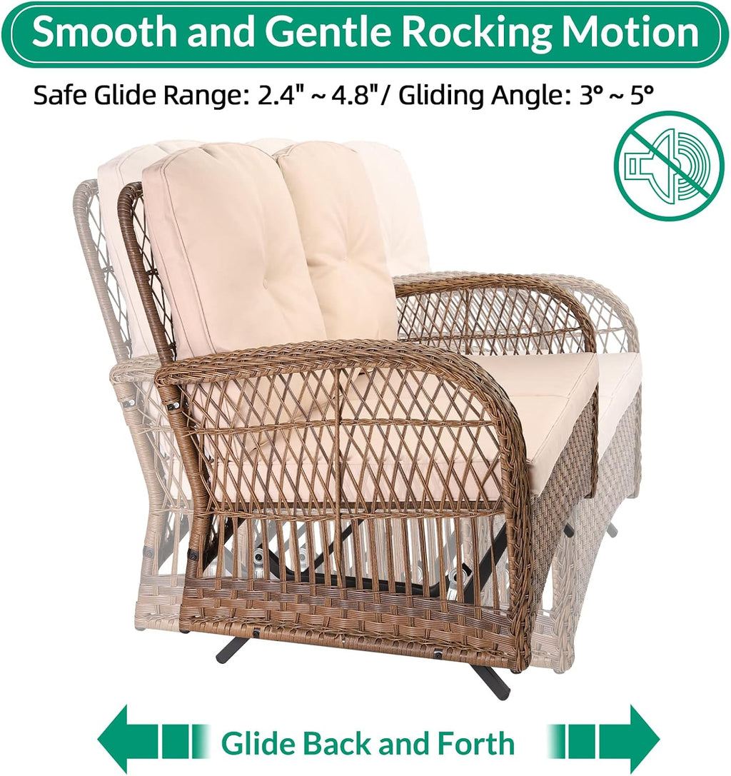 VIVIJASON 2-Piece Patio Wicker Loveseat Glider Set Cushioned, Outdoor Conversation Furniture Sets with 2-Seater Glider Rocking Bench, Coffee Table and Cushions for Porch Garden Poolside, Light Brown