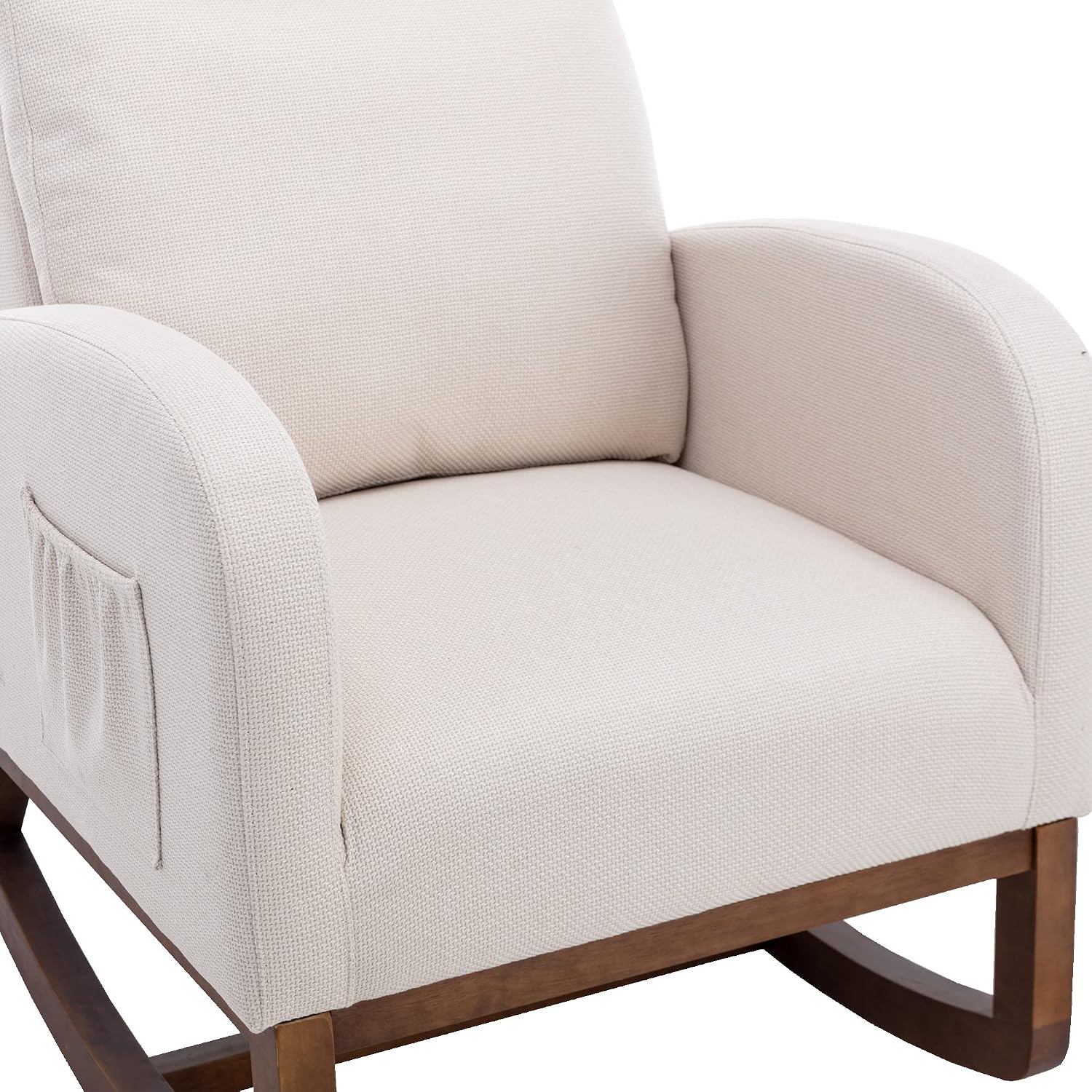 Modern Rocking Chair with Breathable Yellow Linen & Solid Wood Legs - Recliner Glider Armchair Featuring Side Pocket, High Back Support for Nursery, Living Room, Bedroom (Beige)